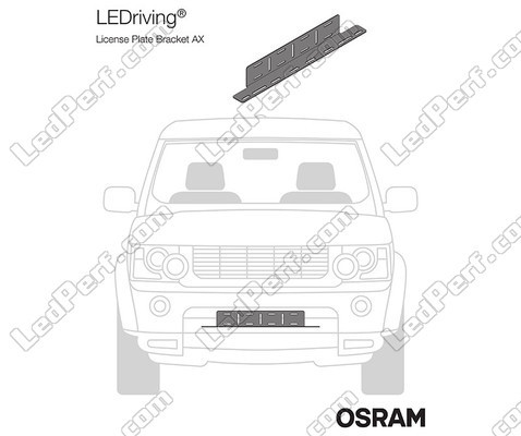 Repræsentation af Osram LEDriving® LICENSE PLATE BRACKET AX-beslaget monteret på et køretøj