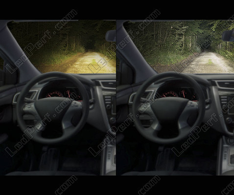 Sammenligning før og efter montering af Osram H4 LED XTR set indefra køretøjet