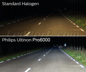 Sammenligning af LED-pærer H4 Philips ULTINON Pro6000 versus originale halogenpærer