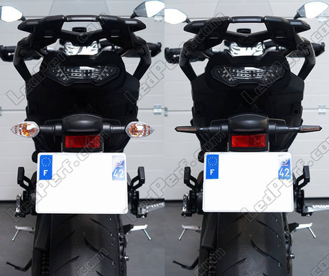 Sammenligning før og efter skiftet til sekvensielle LED-blinklys til Aprilia Mana 850 GT